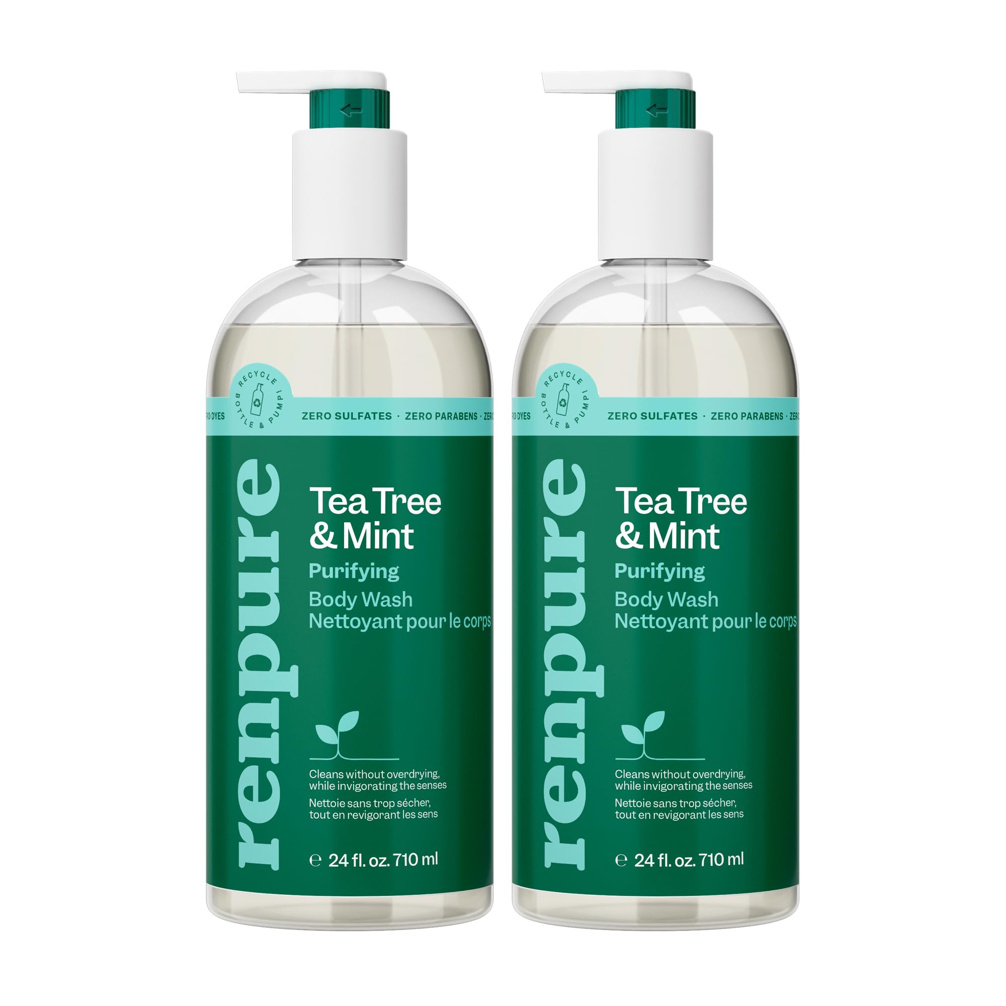 RENPURE Tea Tree & Mint Body Wash - Cleanses, Invigorates & Refreshes Skin Without Over-Drying - For All Skin Types - Tea Tree Leaf Oil, Spearmint Leaf Oil - 24 Fl Oz each, 2 Pack